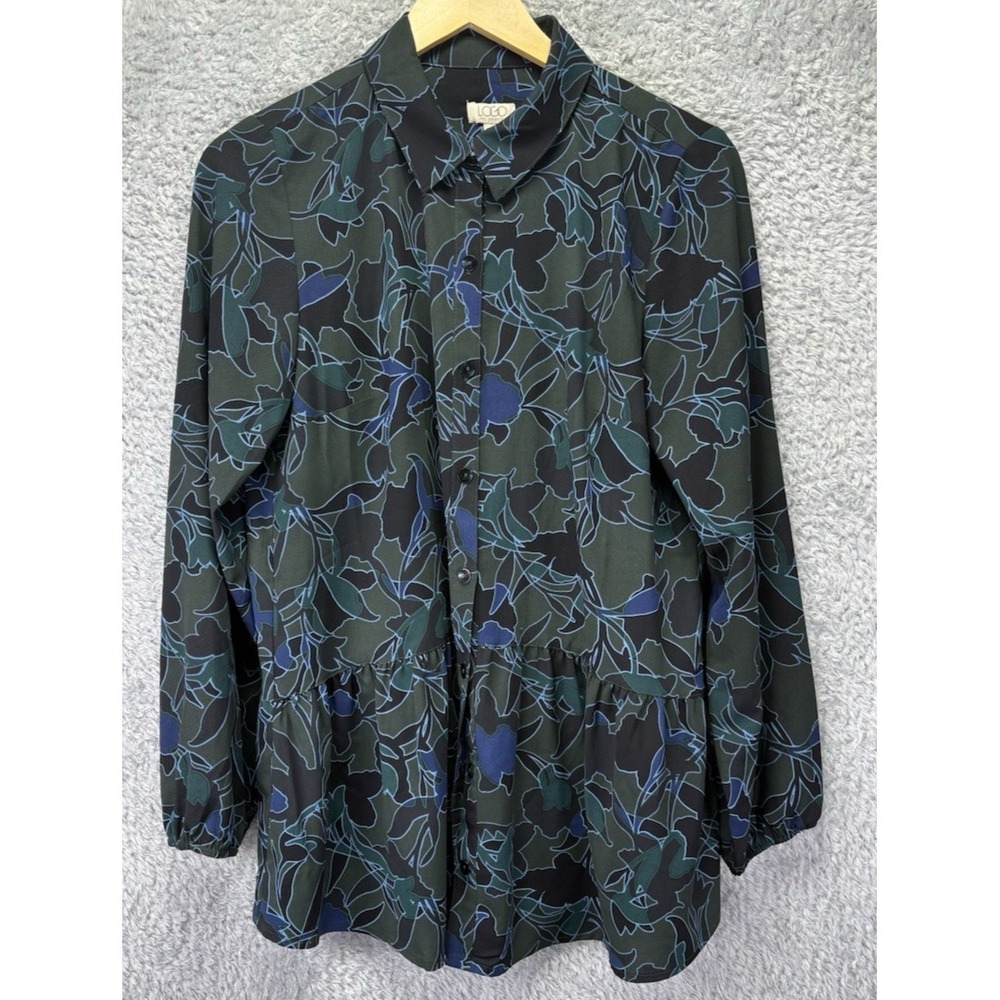 LOGO Lori Goldstein Womens XS Green Blue Print Blouse Button Front Peplum Top - Picture 1 of 10